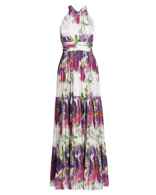 Kobi Halperin Purple Nava Floral Metallic-Satin Halterneck Maxi Dress