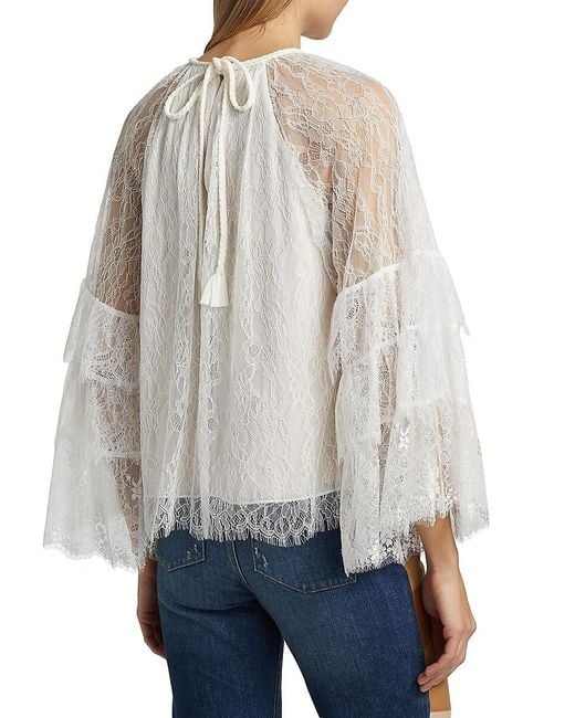 Alice + Olivia White Delia Lace Ruffle Top