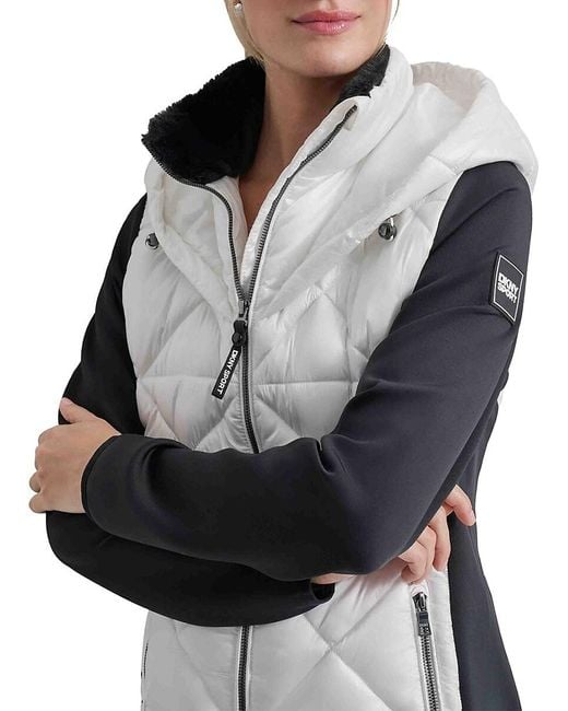 DKNY Gray Mixed Media Hooded Puffer Jacket