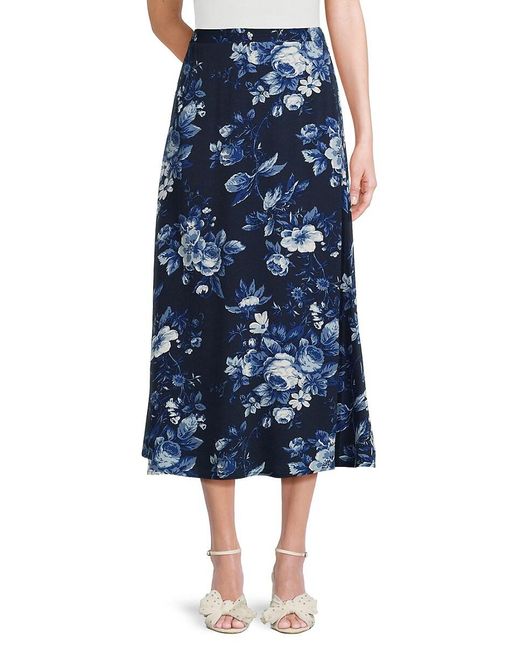 Tahari Blue Floral Midi A Line Skirt
