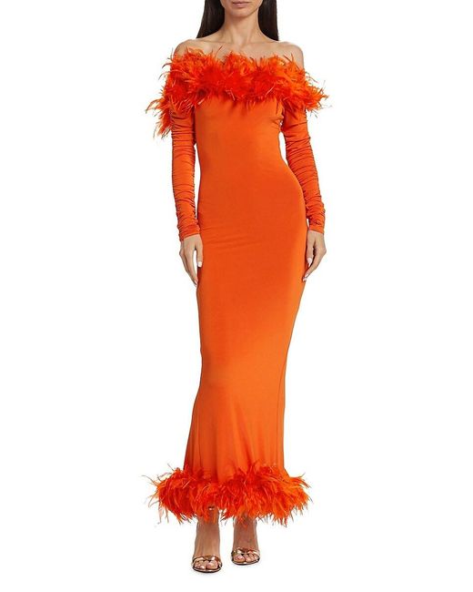 CLAUDE KAMENI Orange Ari Luxed Faux Feathered Gown