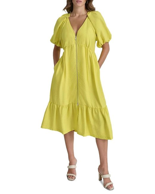 DKNY Yellow Puff-Sleeve Zip-Front Woven Dress