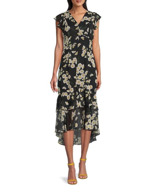 Tommy Hilfiger Black Floral High-Low A-Line Midi-Dress