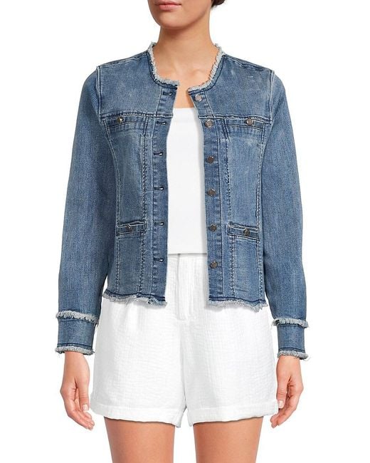 Ecru Blue Frayed Collarless Denim Jacket