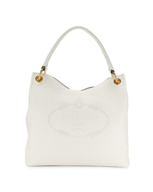 Prada White Vitello Phenix Logo Leather Top Handle Bag
