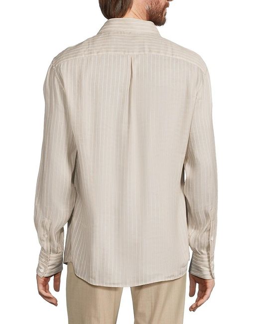 Brunello Cucinelli White Slim Fit Linen Blend Striped Shirt for men