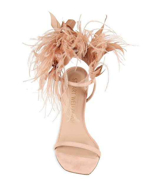 Stuart Weitzman Pink Plume Feather Trim Suede Sandals