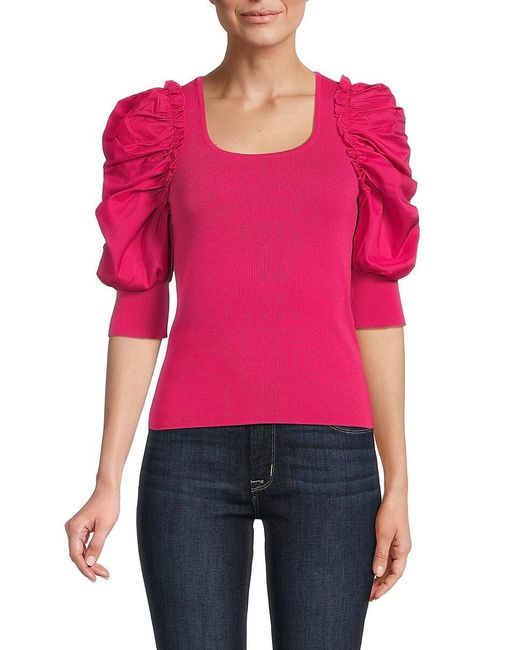 Nanette Lepore Red Ruched Sleeve Knit Top