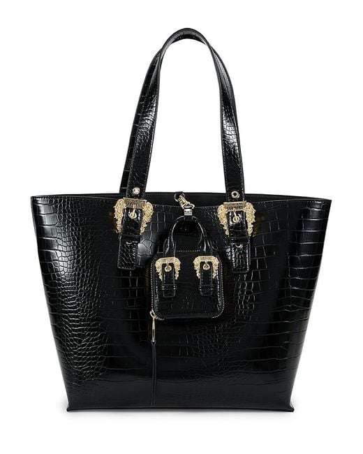 Versace Black Croc Embossed Faux Leather Tote