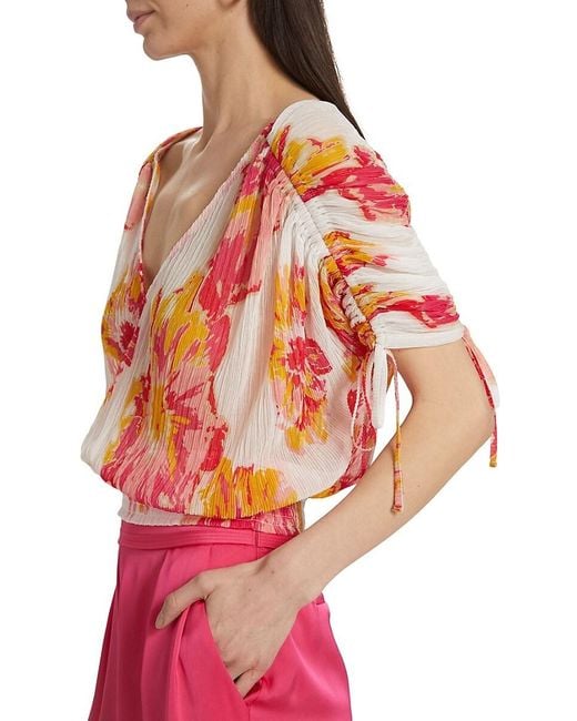 Ramy Brook Pink Frances Floral Plissé Drawstring Top