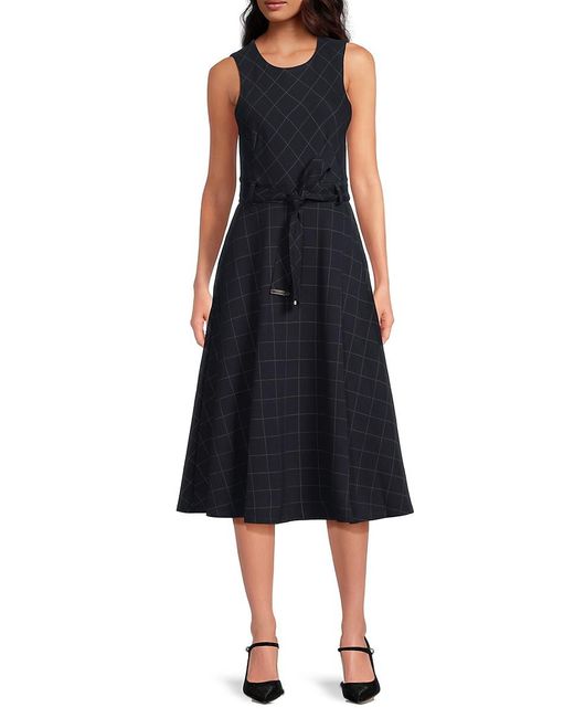 Calvin Klein Women's Black Geometric Print Belted Midi-Dress