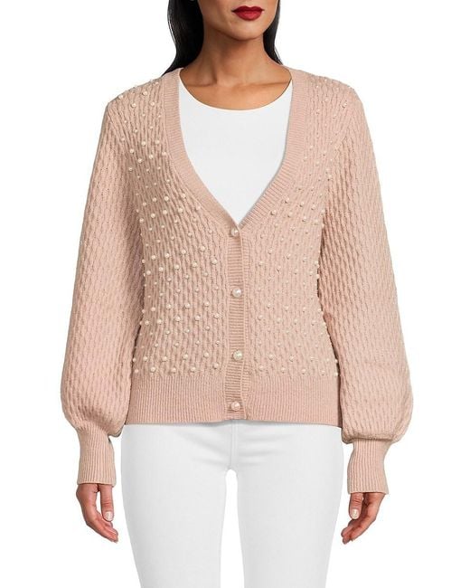 Joseph A Natural 'Faux Pearl V-Neck Cardigan