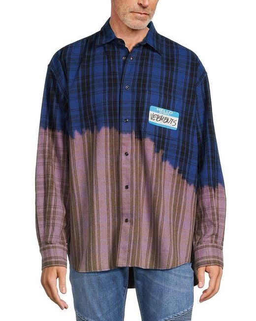 Vetements Name Tag Bleach Dye Plaid Button Down Shirt in Blue for Men ...