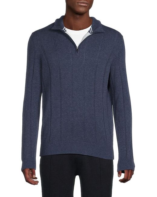 Bruno Magli Blue Textured Striped Quarter Zip Pullover for men
