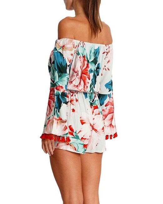La Moda Clothing Red Floral Off-The-Shoulder Tassel Romper