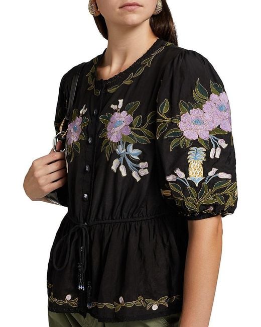 Farm Rio Black Winter Garden Embroidered Top