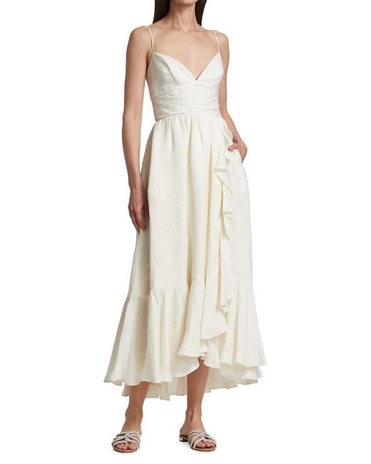 THEIA Jacquard Cascading Ruffle Dress in Natural | Lyst UK