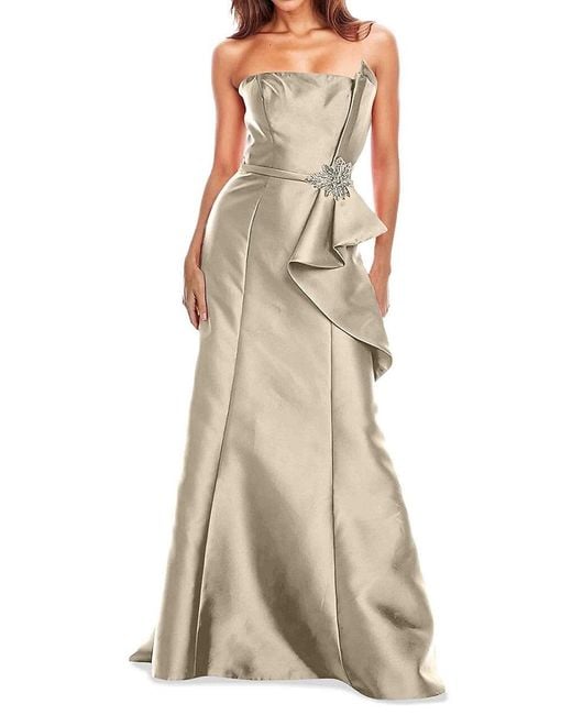 Rene Ruiz Natural Strapless Ruffled Crystal Gown