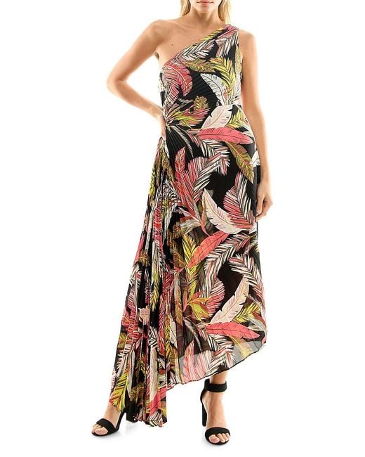 Nicole Miller White Leaf Print Pleated Asymmetric Maxi Dress
