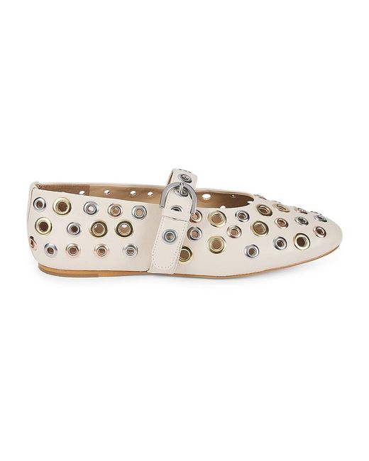 Saks Fifth Avenue White Metal Eyelet Leather Ballet Flats