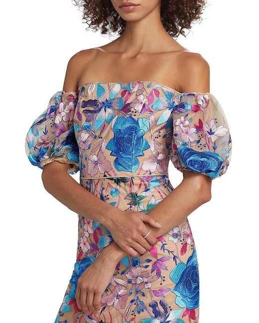 MILLY Blue Nira Floral Embroidered Off-The-Shoulder Midi-Dress