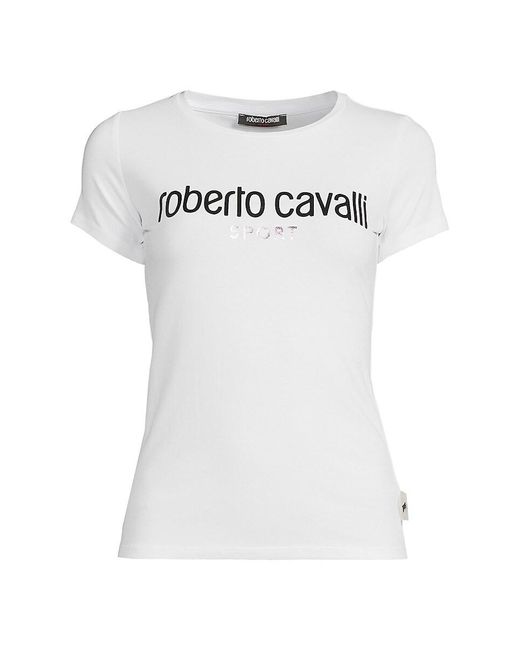 Roberto Cavalli White Slim Fit Logo Crewneck T Shirt