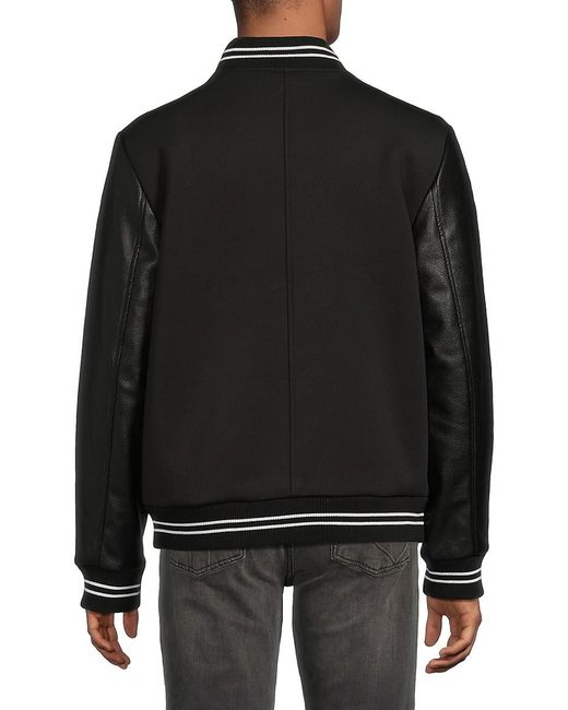 Karl Lagerfeld Black Logo Faux-Leather-Sleeve Varsity Jacket for men