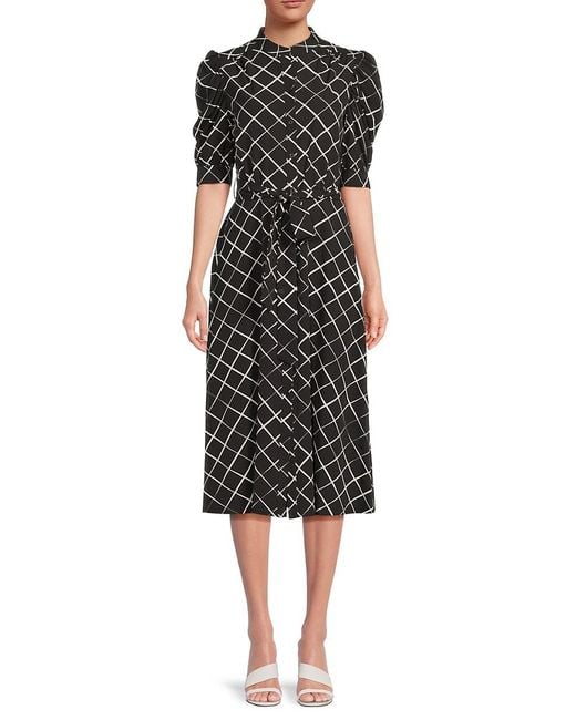 DKNY Black Printed Button-Front Puff-Sleeve Midi-Dress