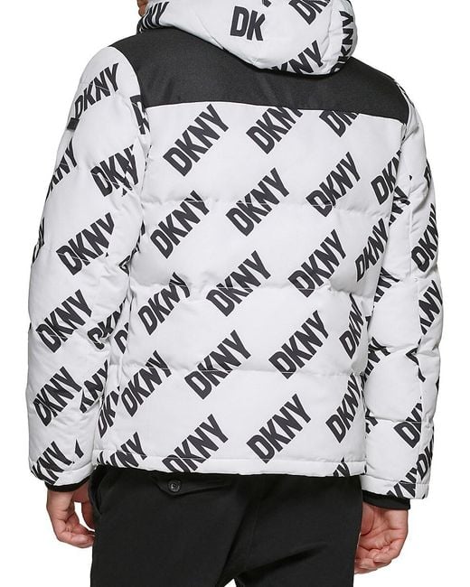 DKNY White Classic Fit Logo Hooded Puffer Jacket for men