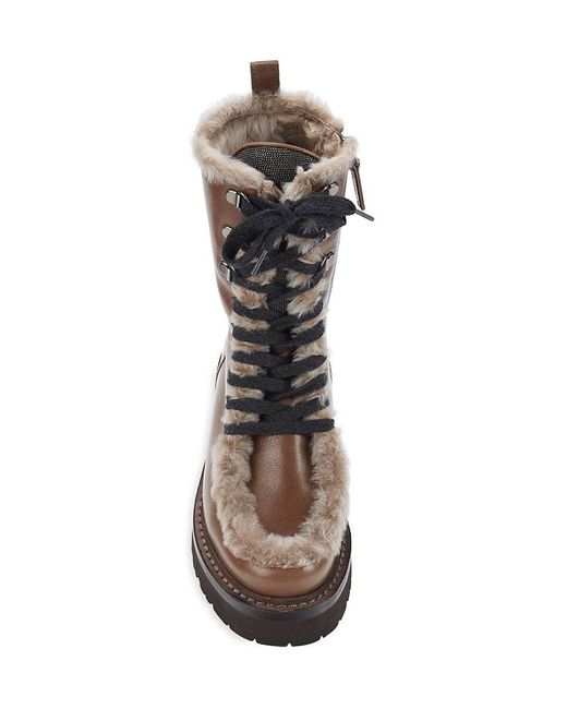 Brunello Cucinelli Brown Lamb Shearling Leather Combat Boots