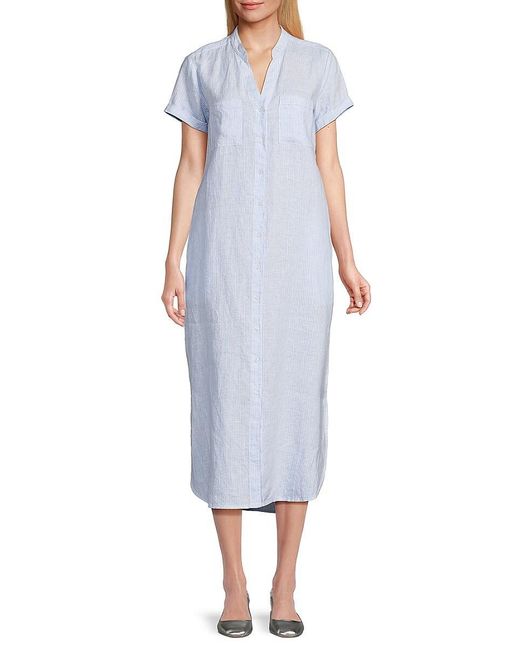 Saks Fifth Avenue Blue Striped 100% Linen Midi Dress