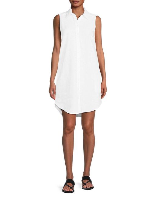 Saks Fifth Avenue White High Low 100% Linen Shirtdress