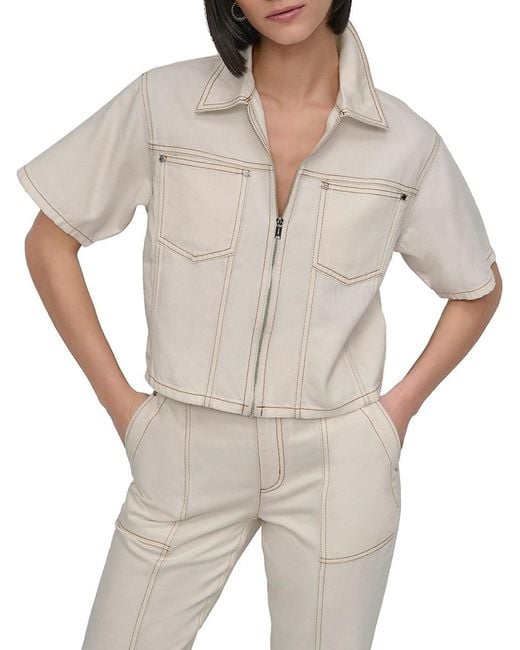 DKNY White Cropped Denim Zip-Front Shirt