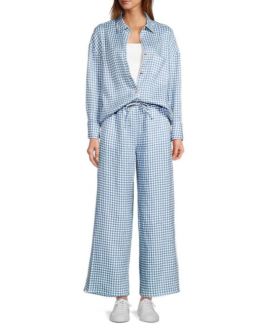 Saks Fifth Avenue Yellow Gingham Check 100% Linen Oversized Shirt