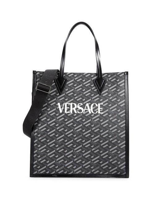 Versace Black La Greca Monogram Canvas Tote Bag for men