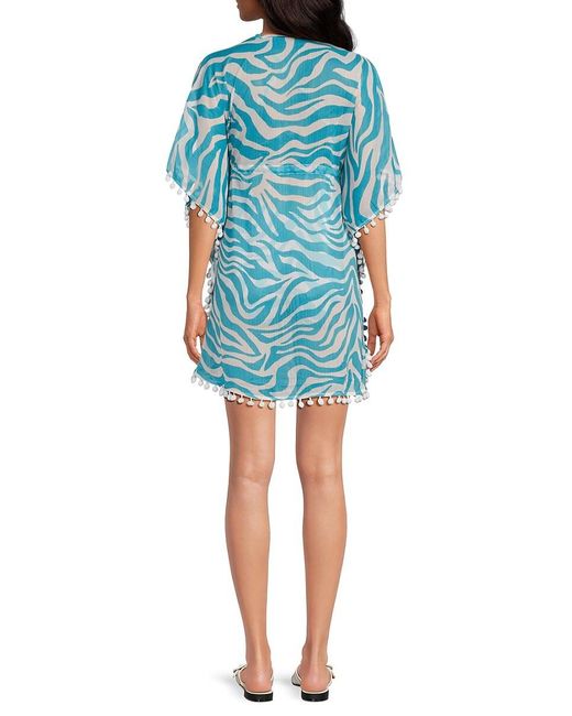 Bleu Rod Beattie Blue Pom-pom Trim Caftan Swim Coverup