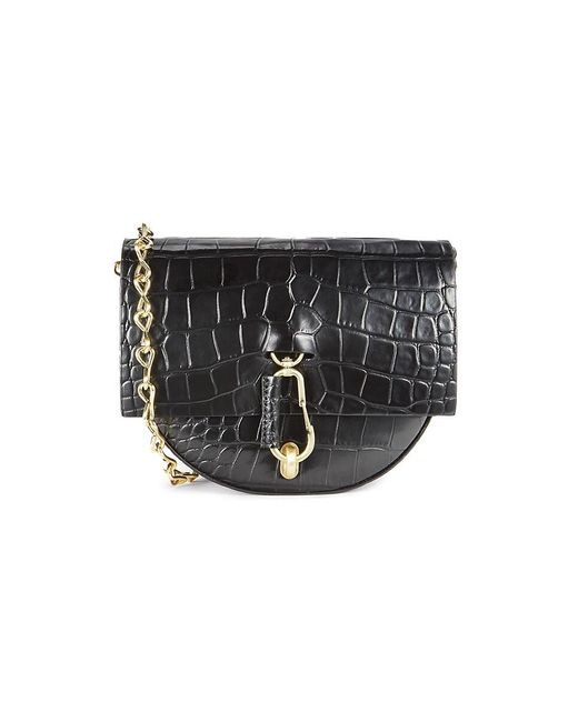 Zac Posen Black Mini Belay Croc Embossed Patent Leather Saddle Bag