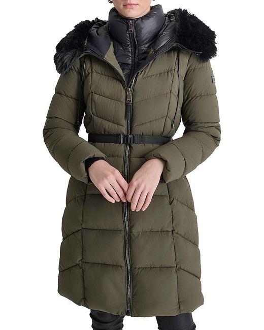 DKNY Missy Faux Fur Longline Puffer Coat With Bib in Green Lyst UK