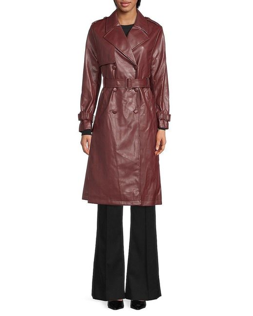 Elie Tahari Faux Leather Trench Coat in Red | Lyst