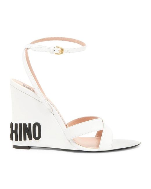 Moschino White Leather Ankle Strap Wedge Sandals