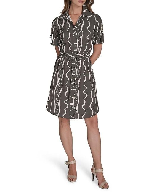 Halston Heritage Green Printed Cinched Mini Shirtdress