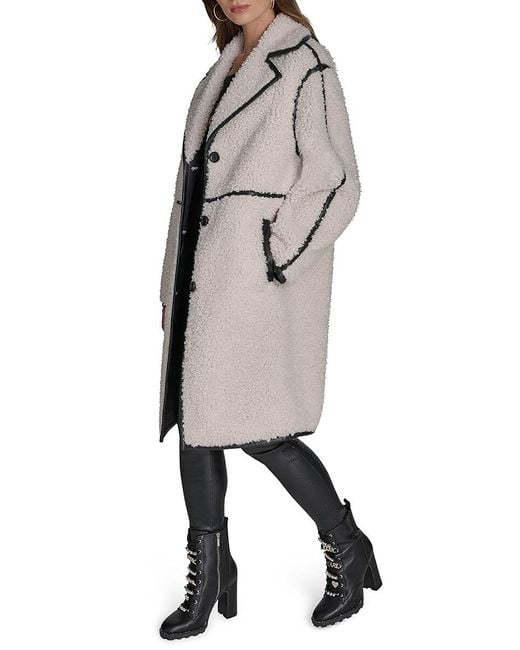 Karl Lagerfeld Gray Long Faux Shearling Coat With Faux Leather Trim