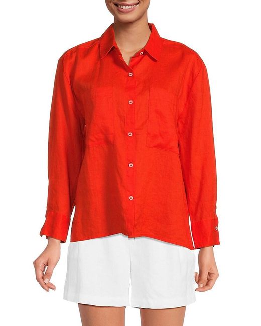 Saks Fifth Avenue Red Solid 100% Linen Shirt