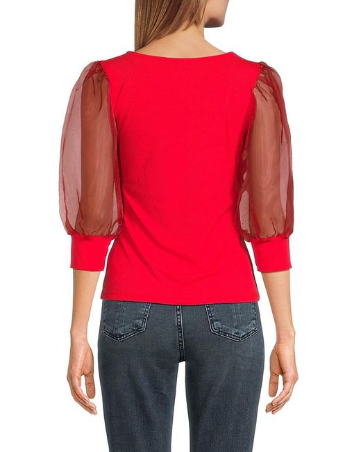 Lea & Viola White Knit Puff Sleeve Top