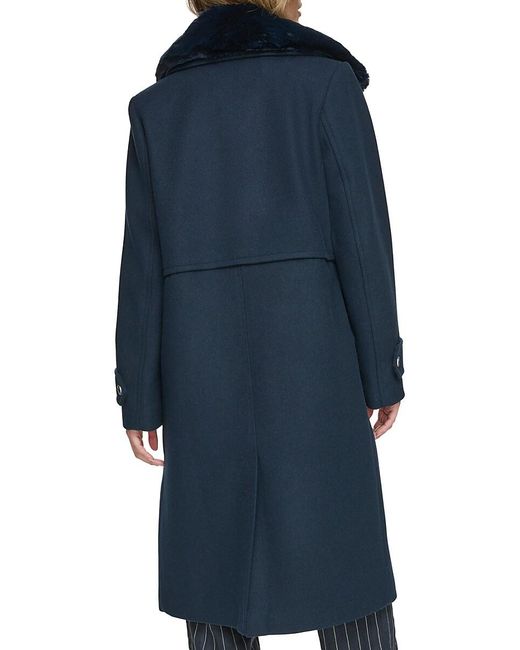 Andrew Marc Natural Olpae Faux Fur Collar Wool Blend Trench Coat