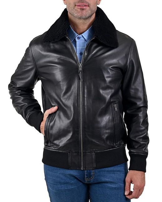 Frye Blue Regular Fit Leather Bomber Jacket for men