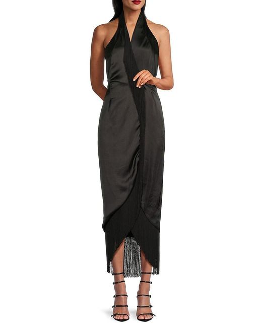 BCBGMAXAZRIA Black Fringe Trim Halter Maxi Dress