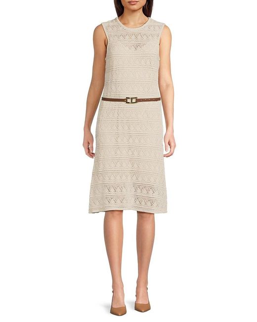 Halston Heritage Natural Crochet Belted Knee-Length Dress