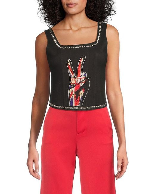 Alice + Olivia Red Breslin Embellished Graphic Cotton Knit Cropped Tank Top