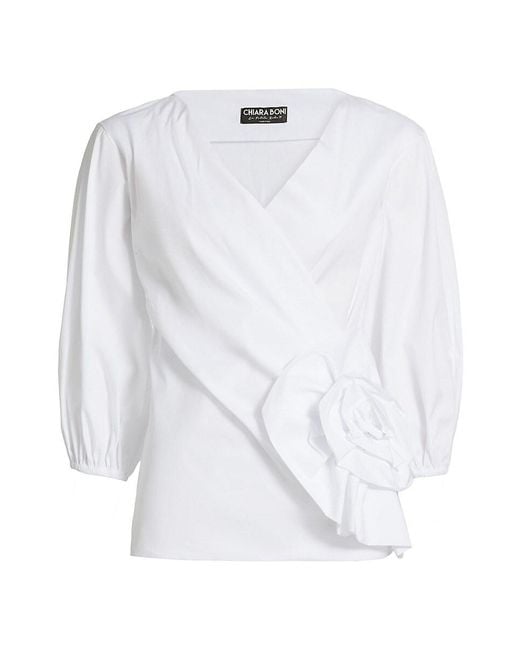 La Petite Robe Di Chiara Boni White Elizee Rosette-Waist Cotton Faux-Wrap Top